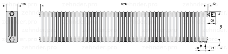 Схема (чертеж) Радиатор Zehnder Charleston 4050/43 №V002 Белый глянцевый RAL 9016